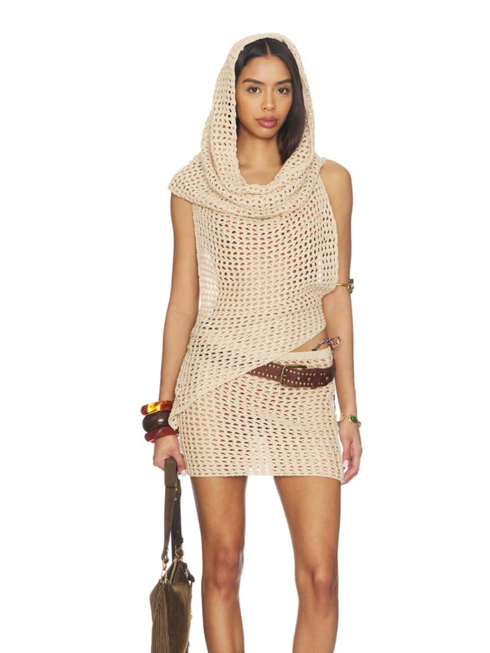 NEW superdown Braelyn Knit Skirt in Natural Cream Tan Mesh Knit Medium